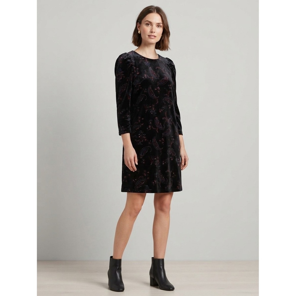 CeCe Velvet Shift Dress Women M Black 3/4 Sleeve Paisley Mini Festive Holiday